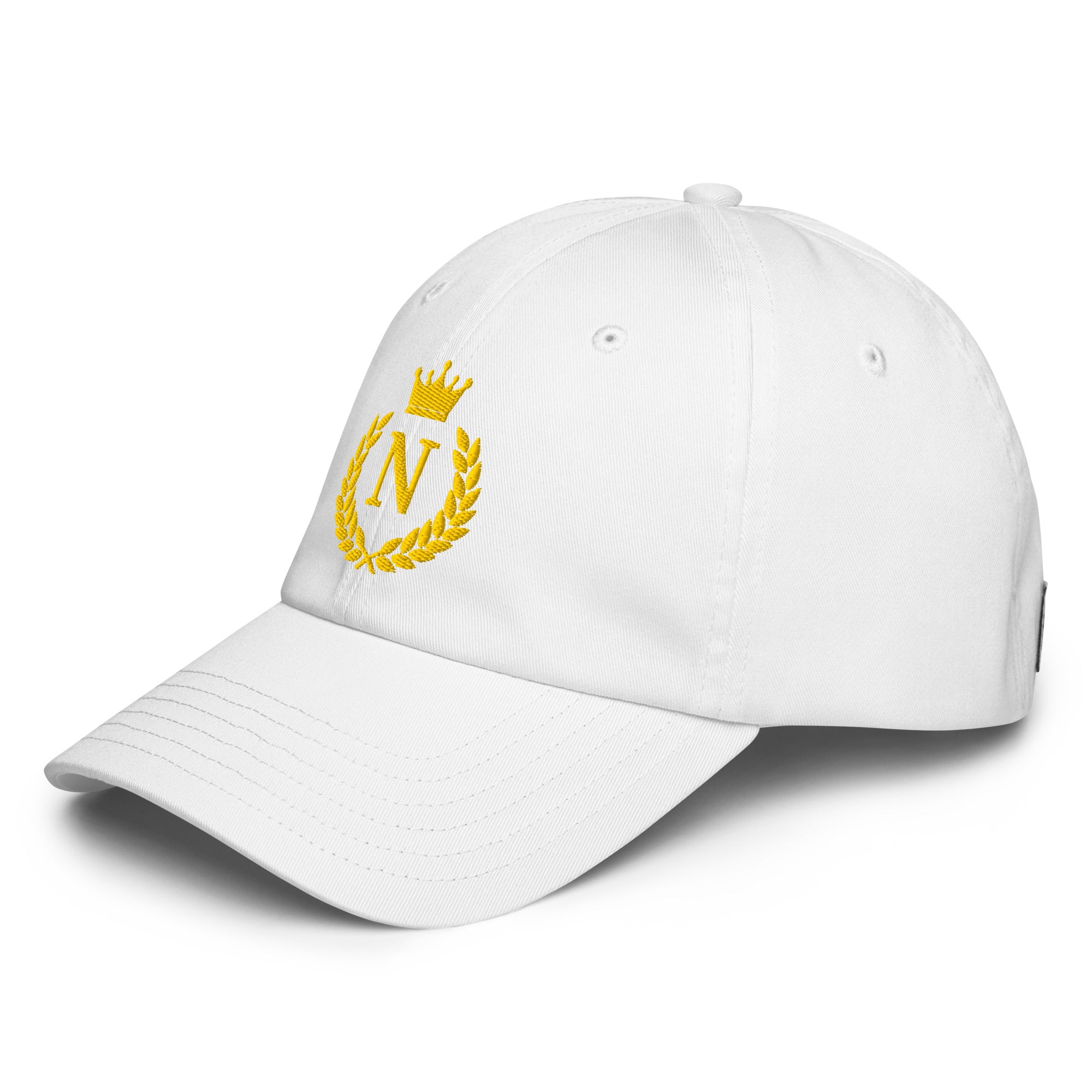 White cap with yellow emblem on a white background of the napoleonic school era