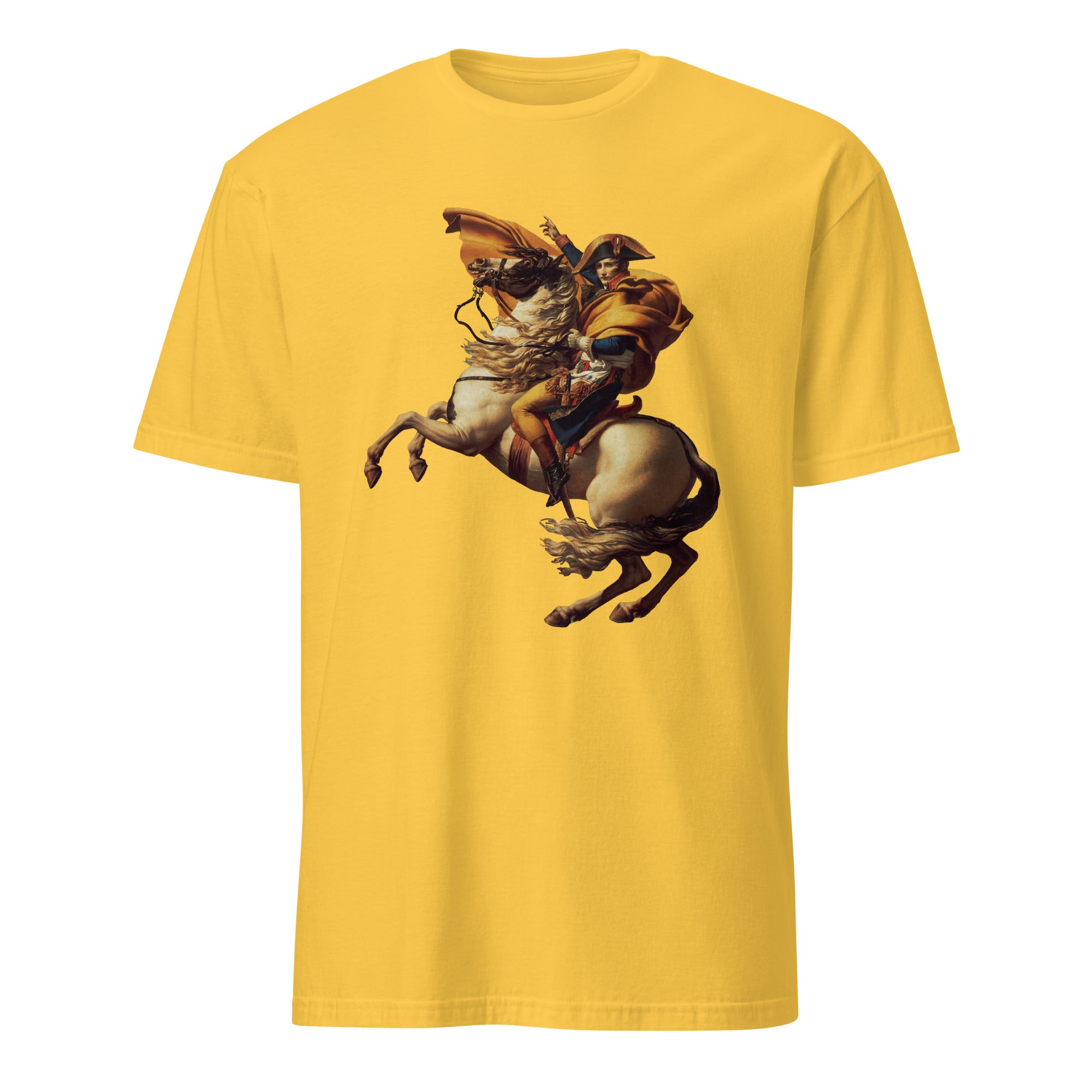 Yellow t-shirt with a graphic of a person riding a horse on a white background