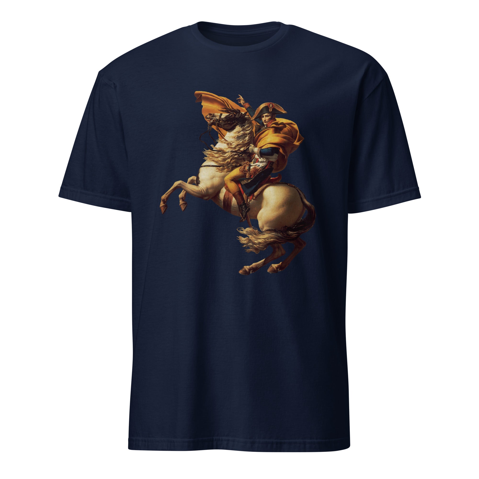 Navy blue t-shirt with a graphic of a person riding a horse on a white background