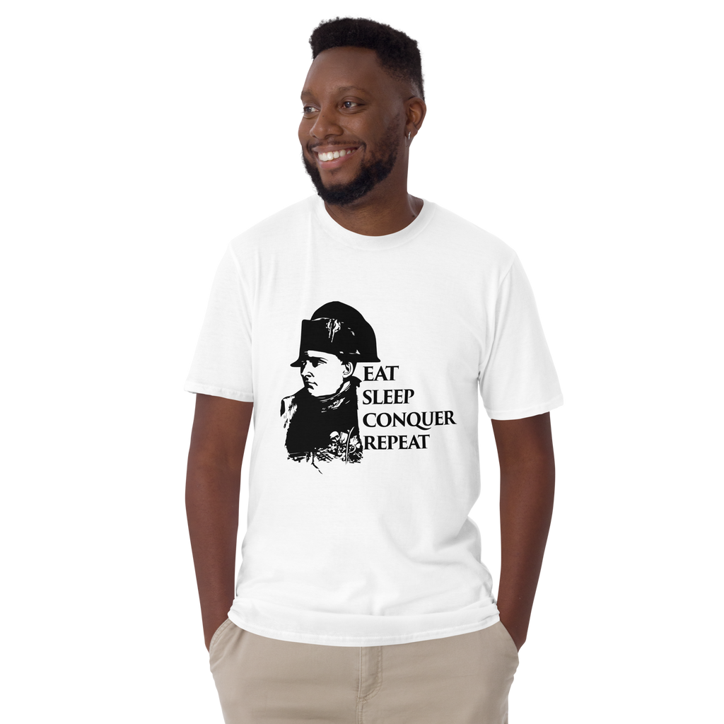 Man wearing a white t-shirt with a graphic and text on a white background