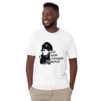 Man wearing a white t-shirt with a graphic and text on a white background