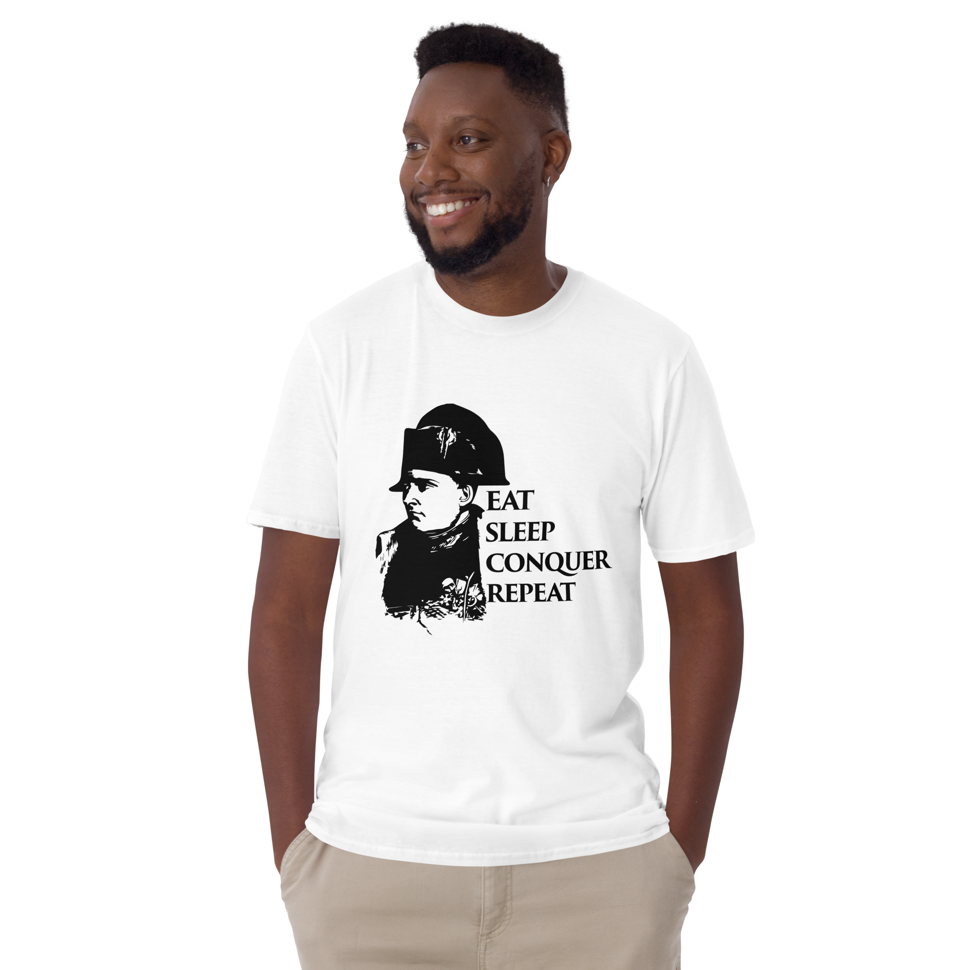 Man wearing a white t-shirt with a graphic and text on a white background