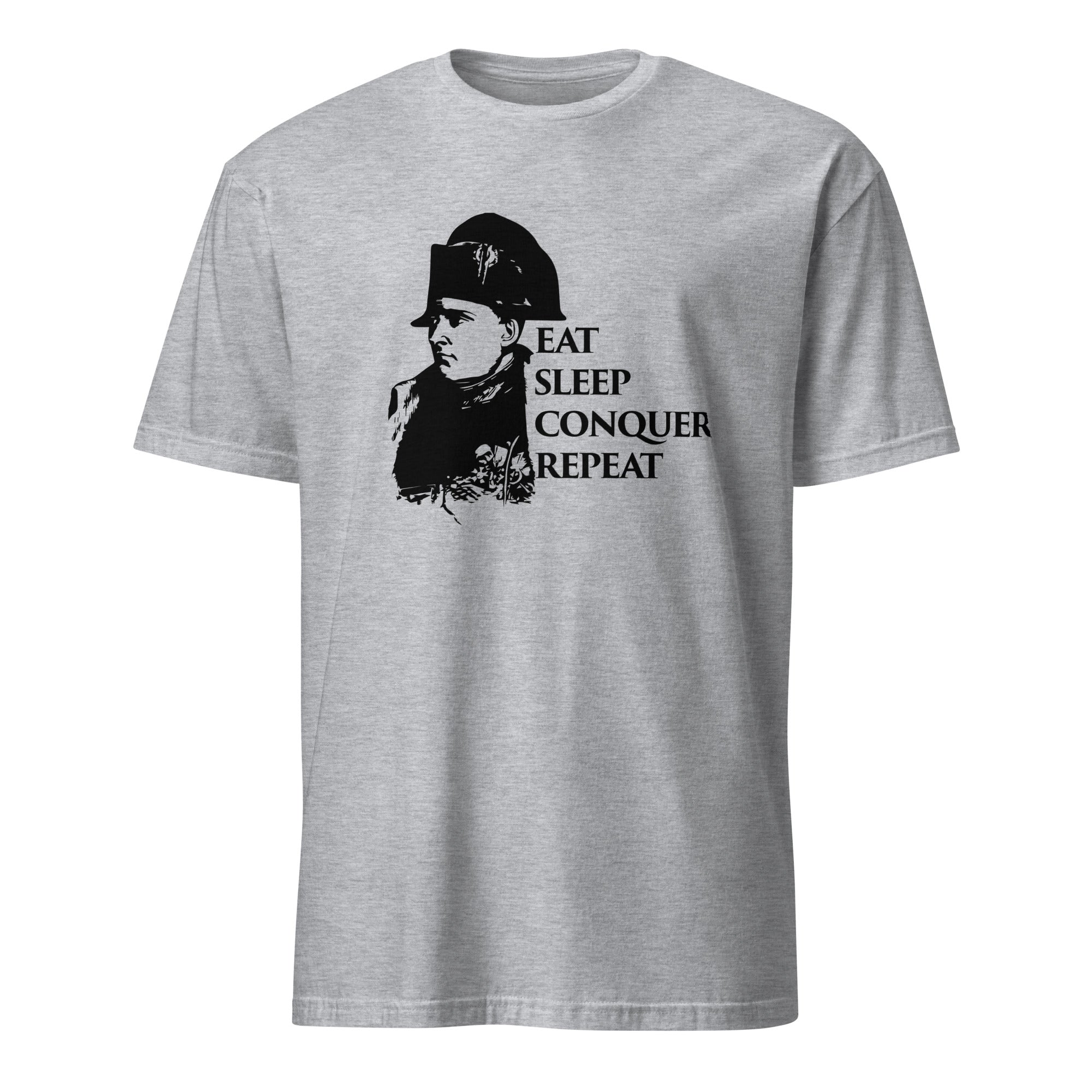 Gray t-shirt with a graphic of a person wearing a helmet and text 'Eat Sleep Conquer Repeat' on a white background.