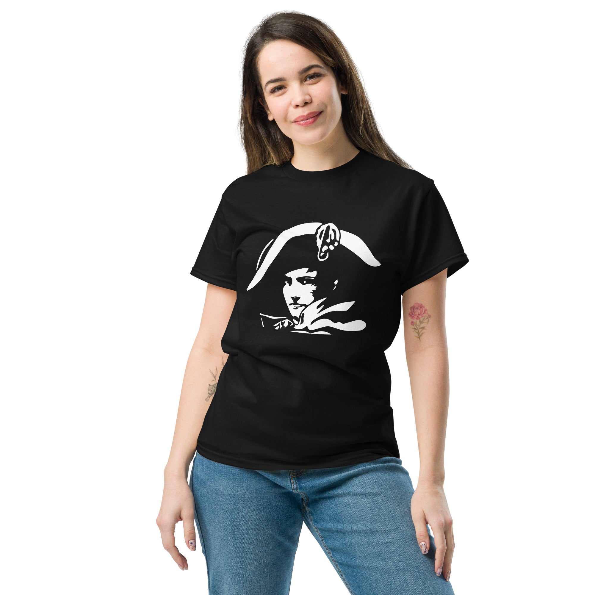 Woman wearing a black t-shirt with a teddy bear graphic on a white background