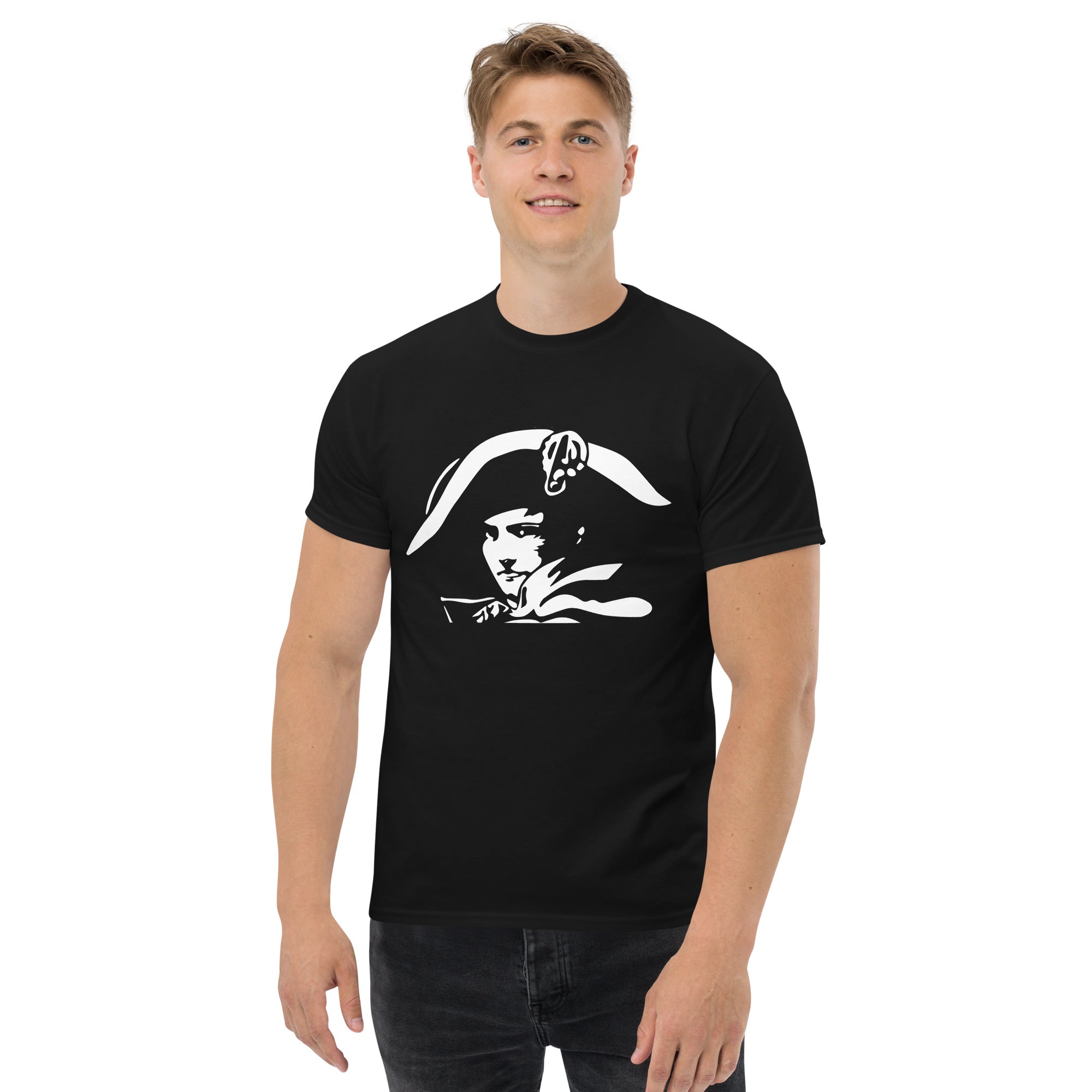 Man wearing a black t-shirt with Napoleons face on a white background