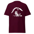 Maroon t-shirt with white graphic design on a white background