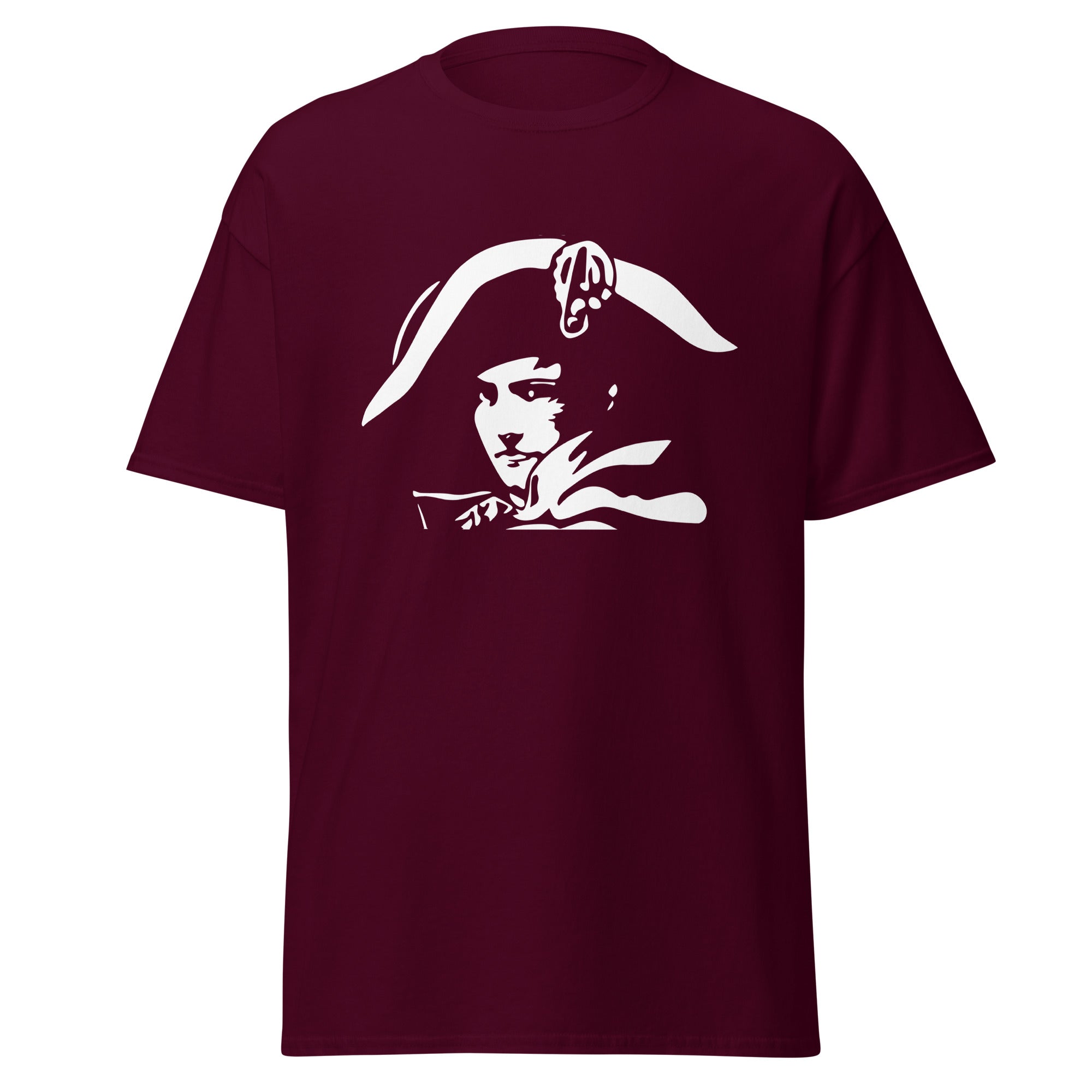 Maroon t-shirt with white graphic design on a white background