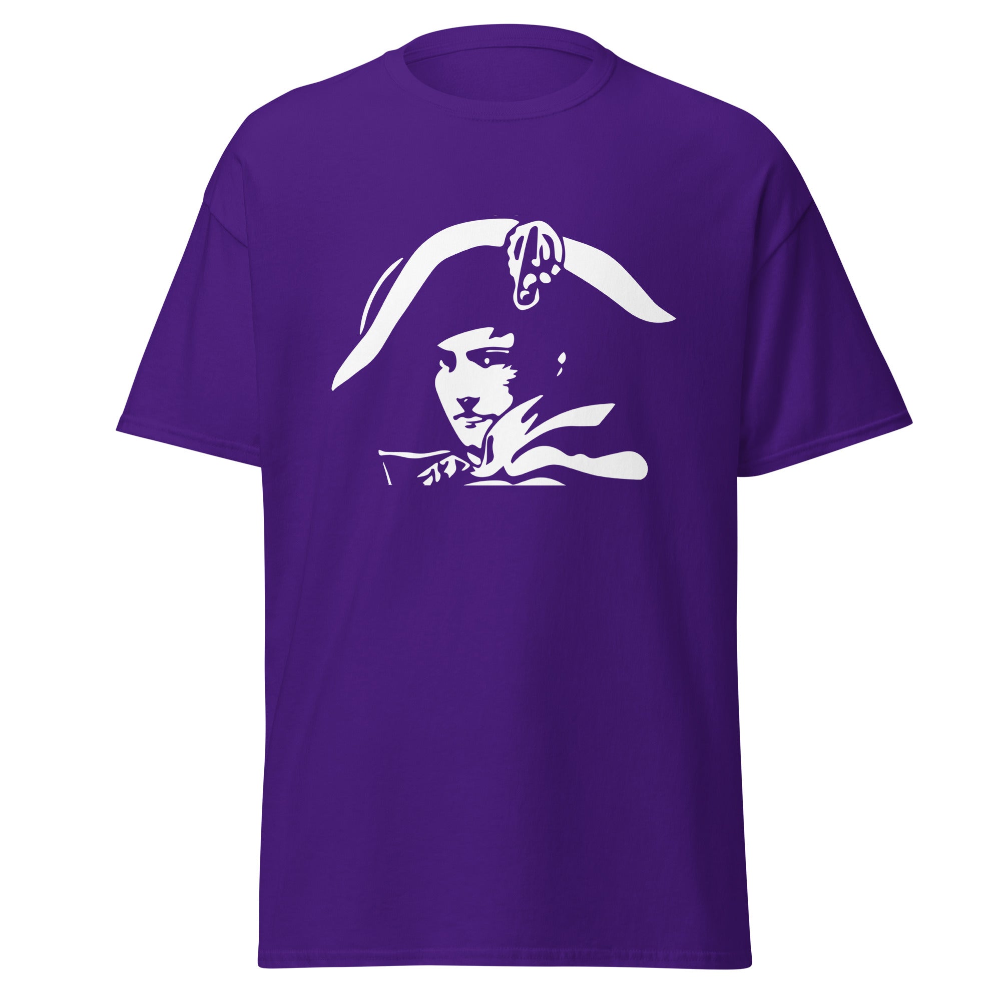 Purple t-shirt with a white graphic design on a white background