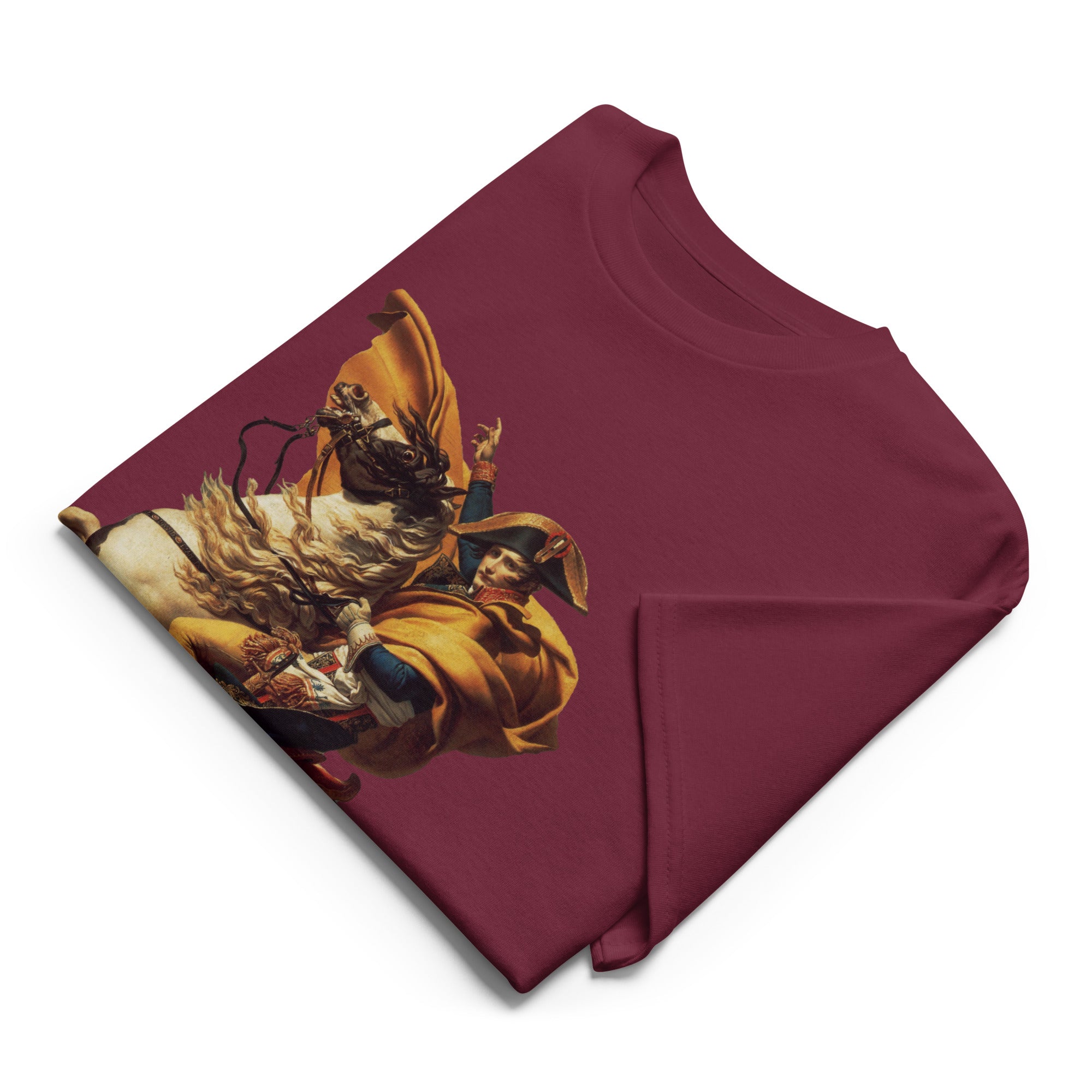 Maroon t-shirt with a graphic design on a white background