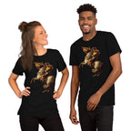 Two people wearing black t-shirts with a graphic design and text on a white background