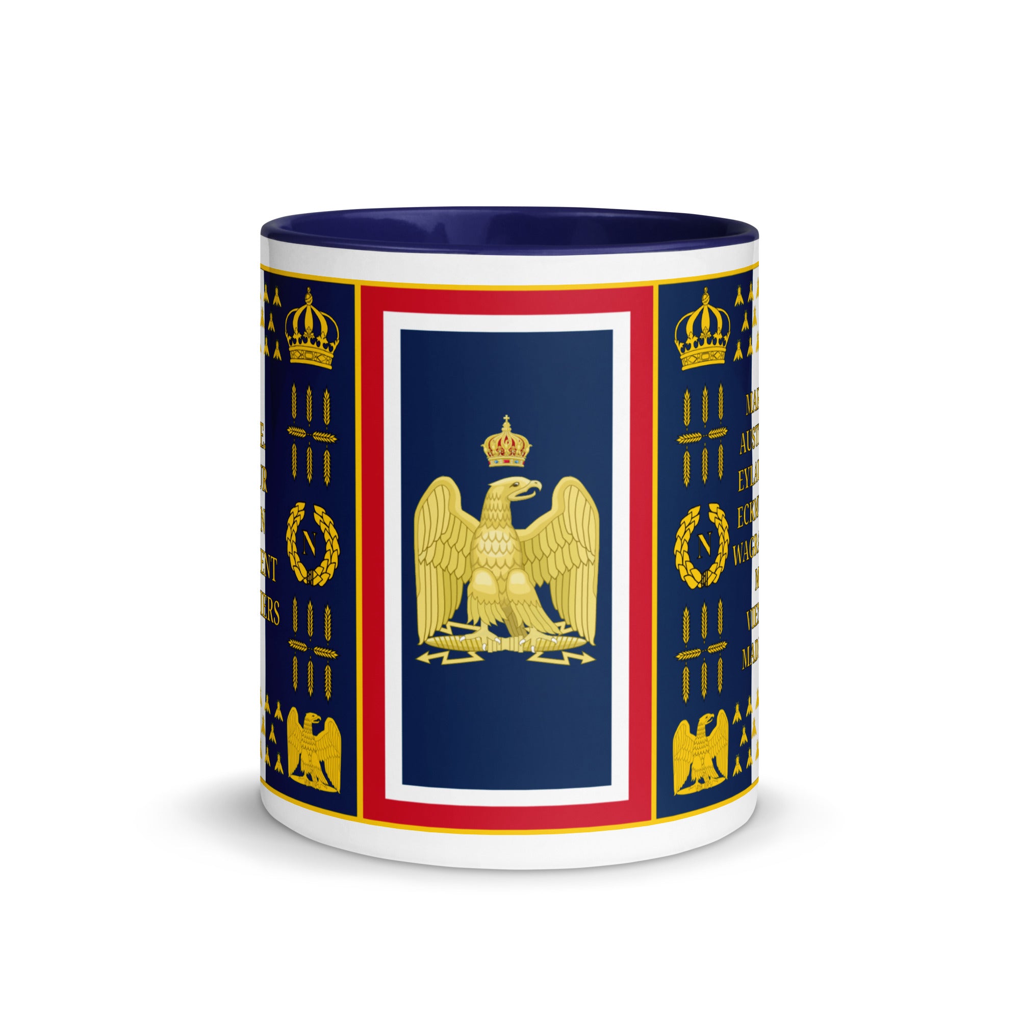 Mug with a gold eagle design on a blue background
