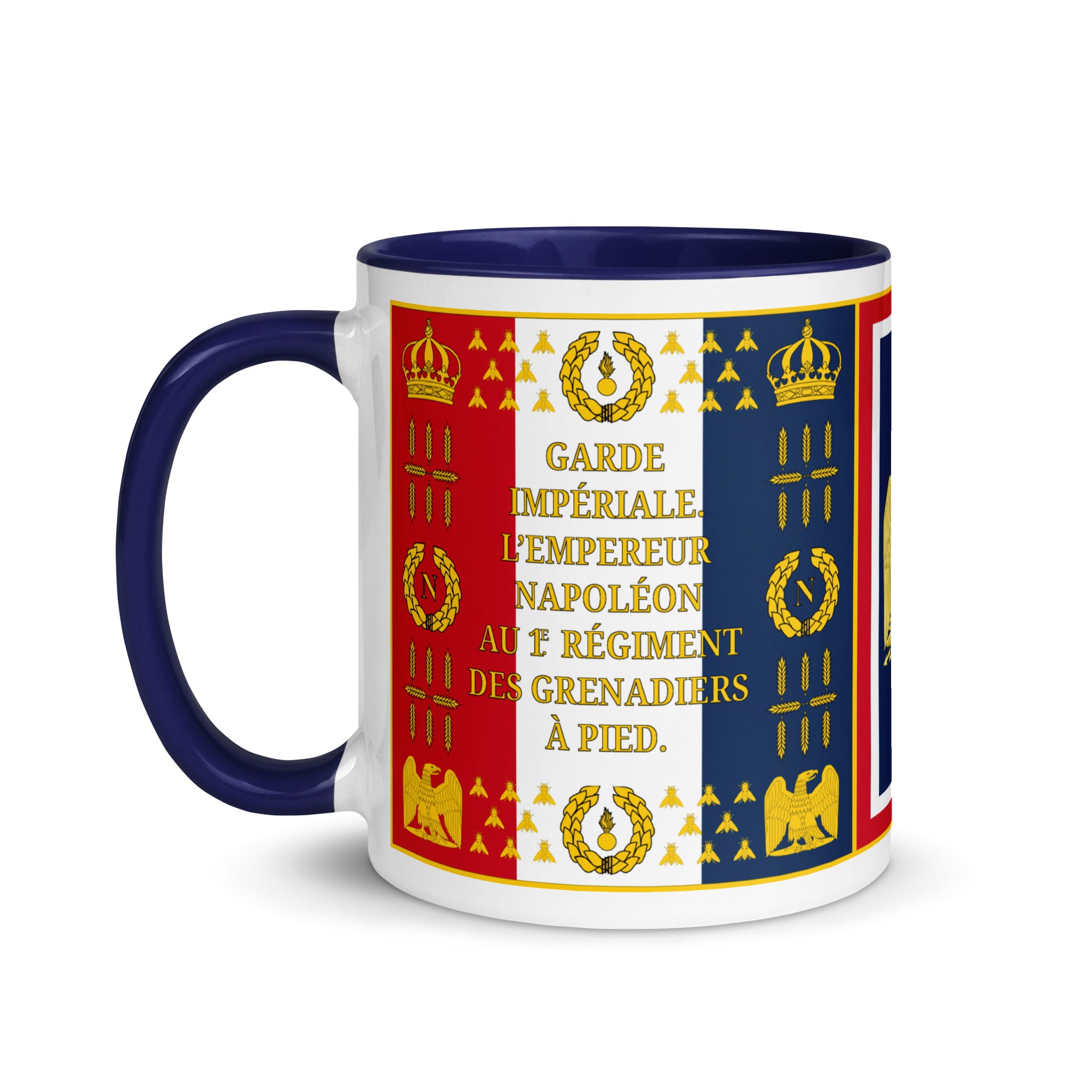 Mug with Napoleon-themed design featuring text and symbols on a white background