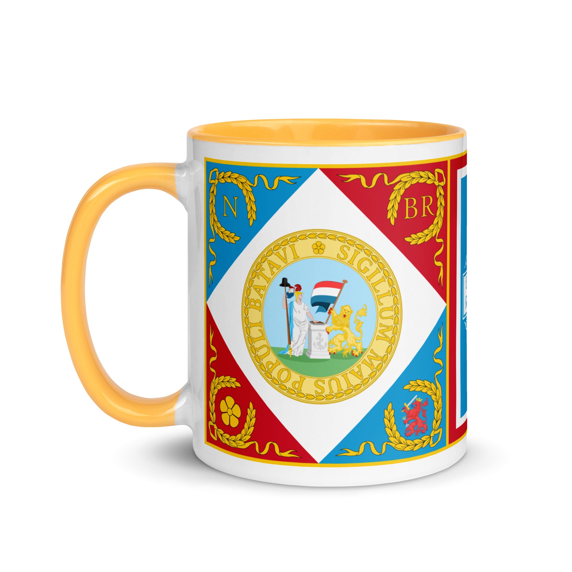 Great Seal of the Batavian Republic on a mug with gold and yellow color and histoy of Netherlands