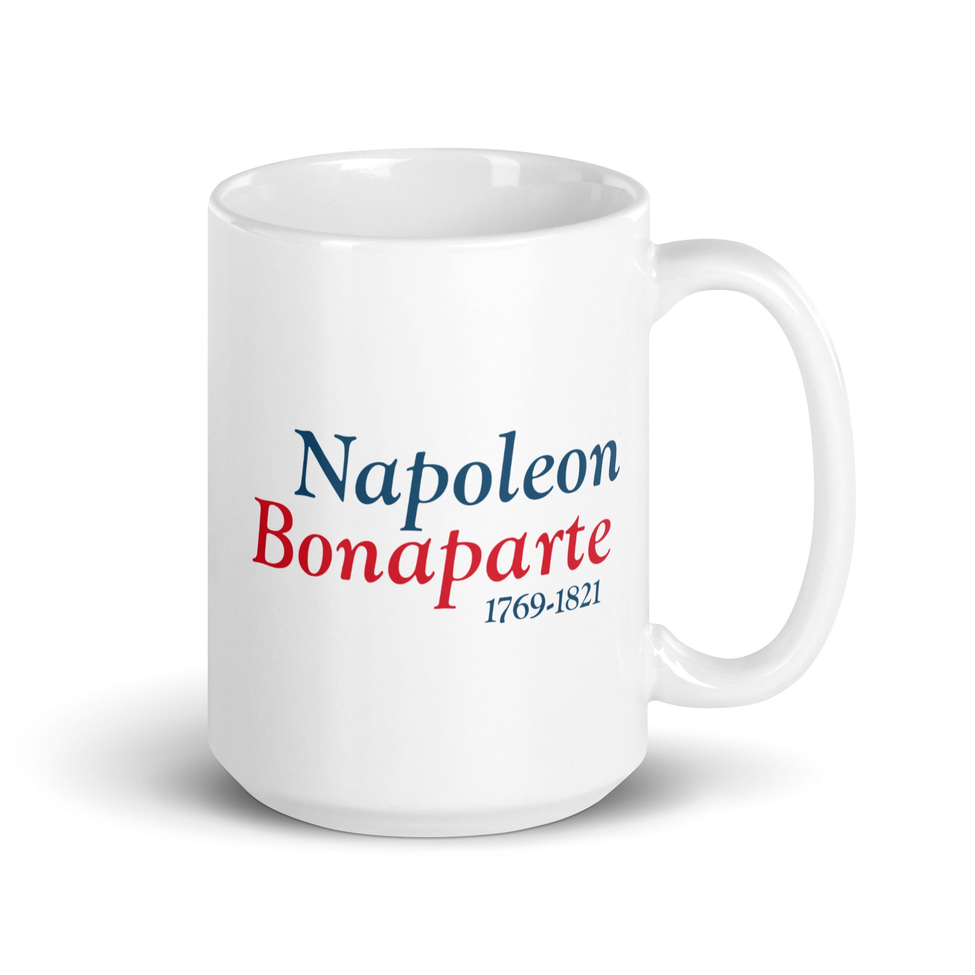 White Mug with Napoleon Bonaparte 1769-1821 written on it in blue and red color