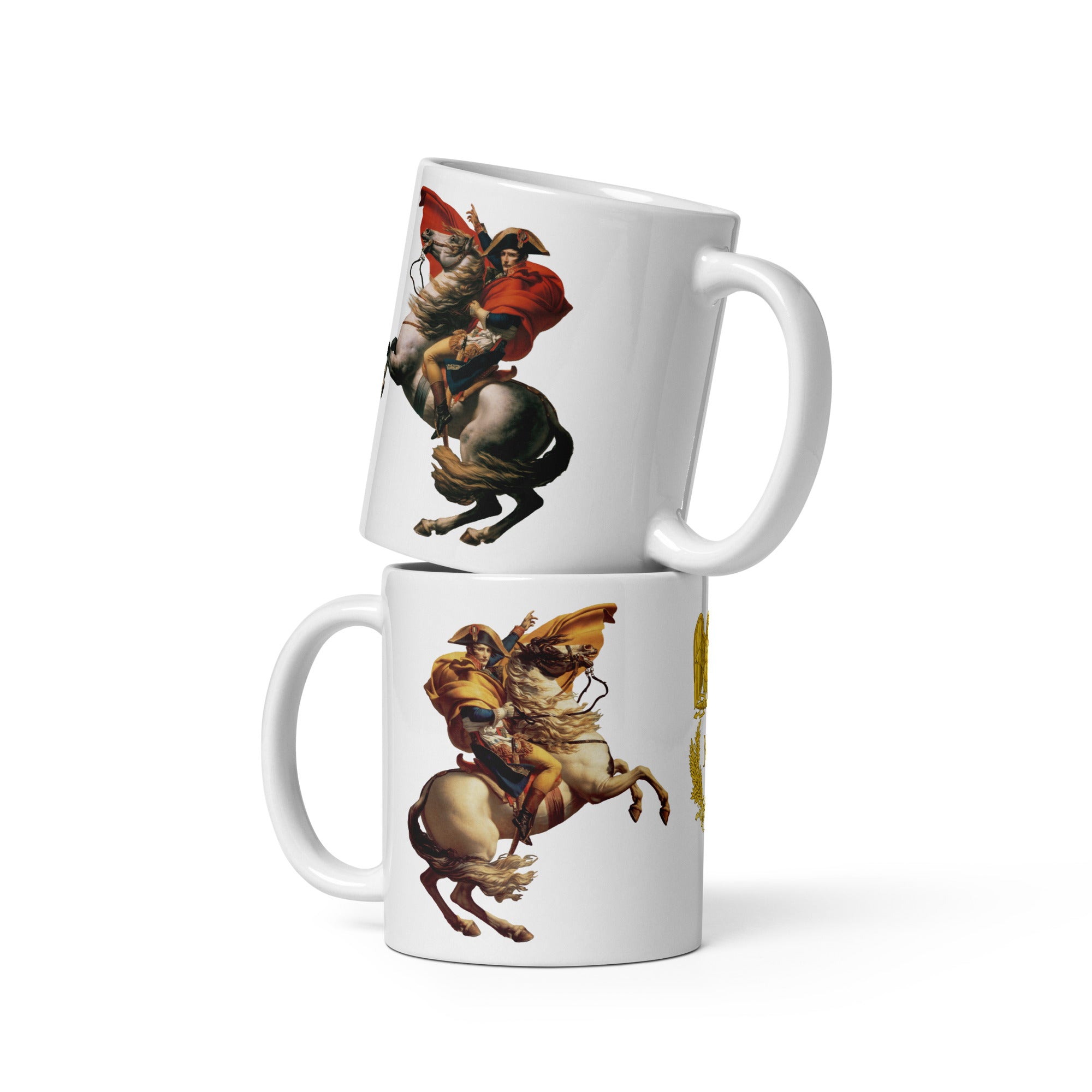 Mugs with pcitures of napoleon by a painting of Jacque Louis David with the Napoleon Crossing the alps motif in its malmaison version