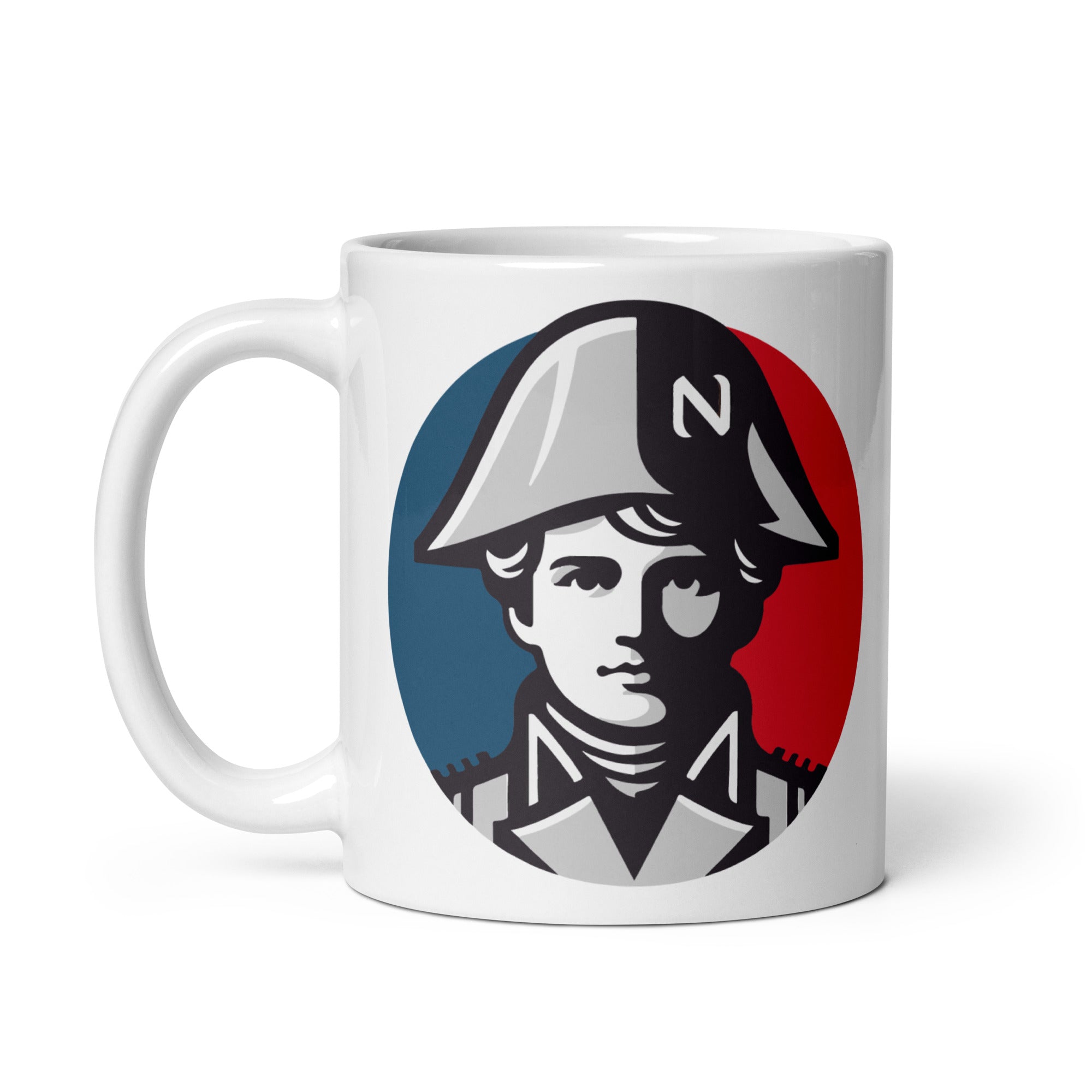 Mug with a comic artstyle printed on it that resmbles historical figure Napoleon Bonaparte