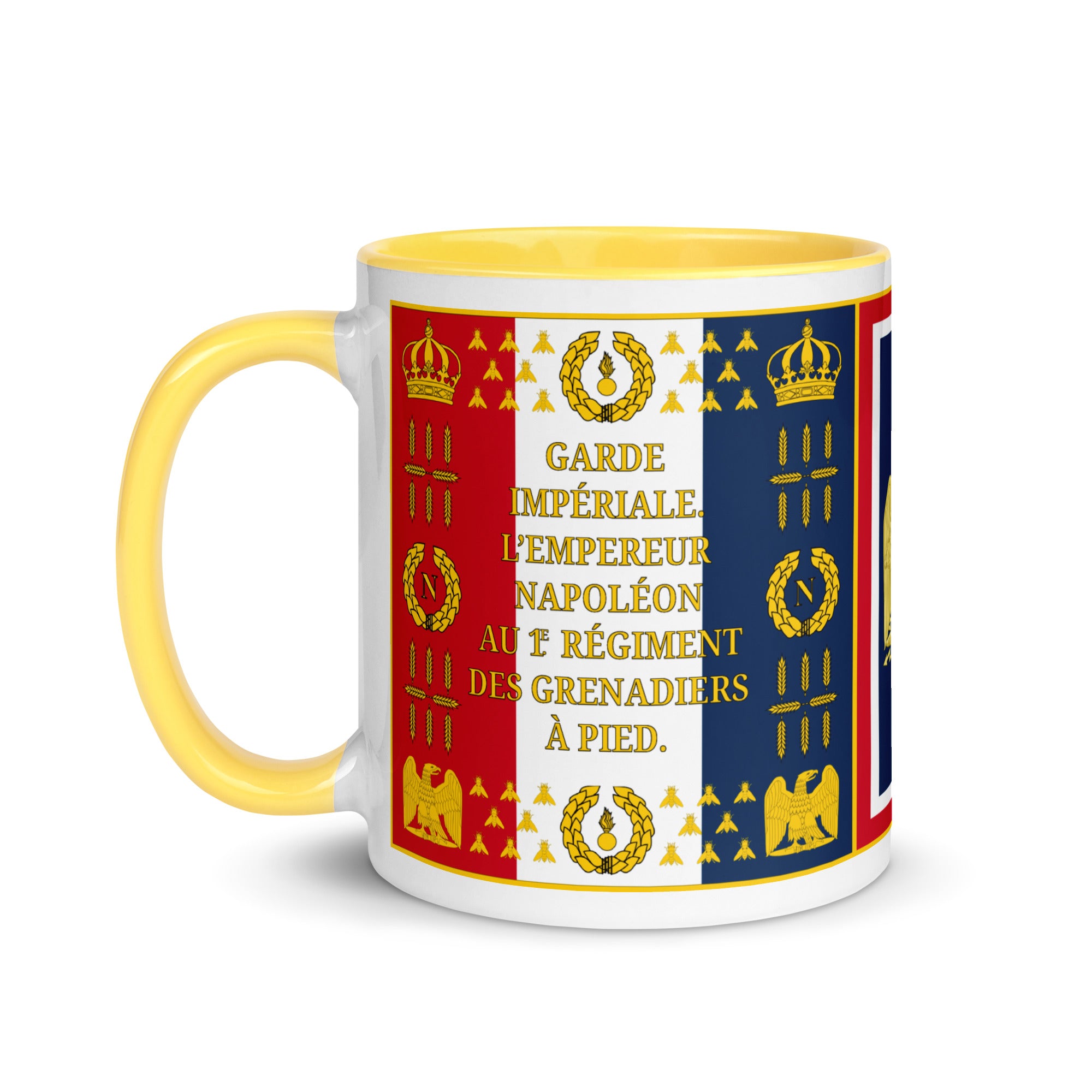 Mug with Napoleon-themed design featuring shout regiment text and crown, eagle and state symbols